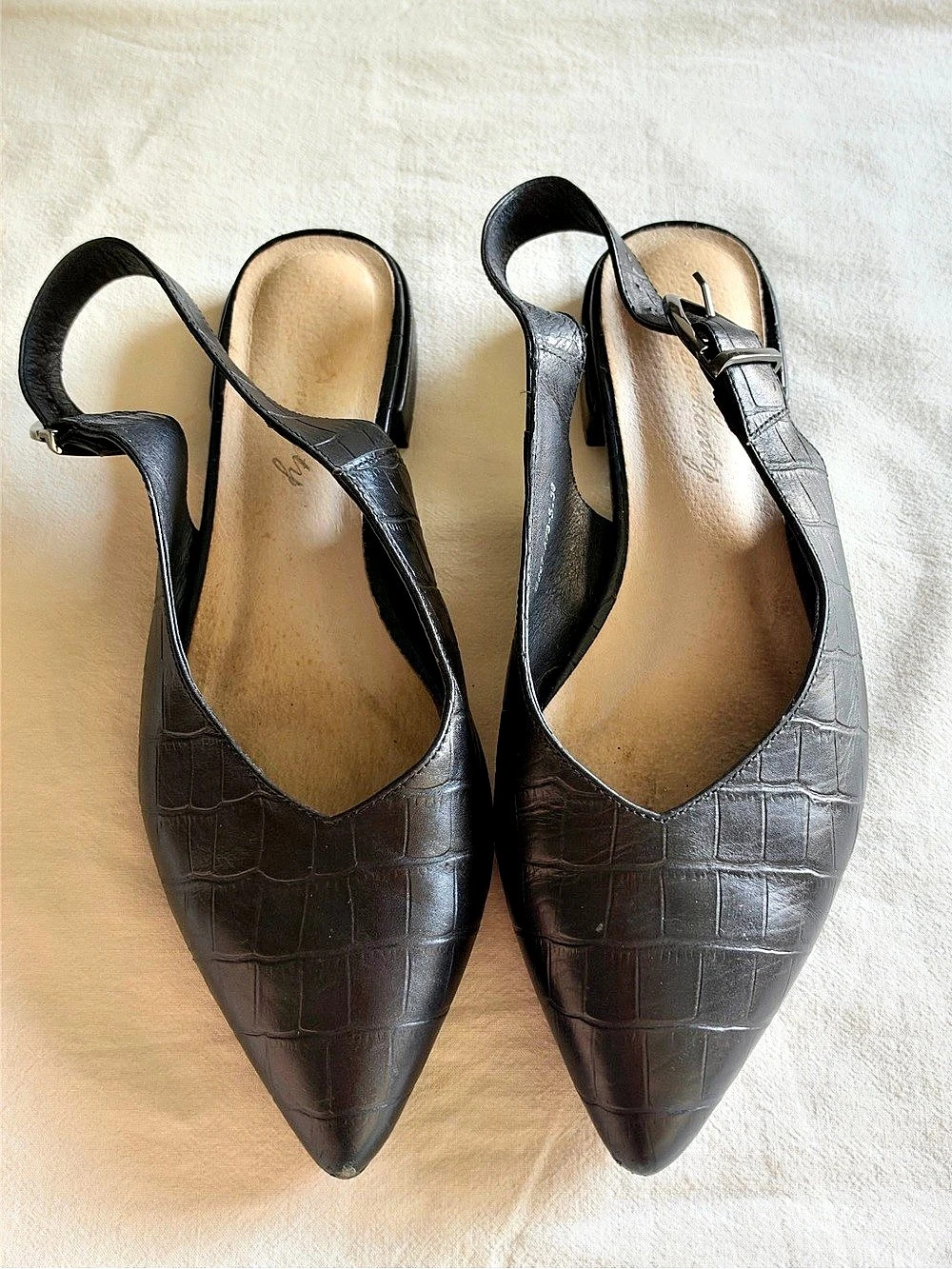 100% Real Leather Black Crocodile-Embossed Slingback Flats EU 38